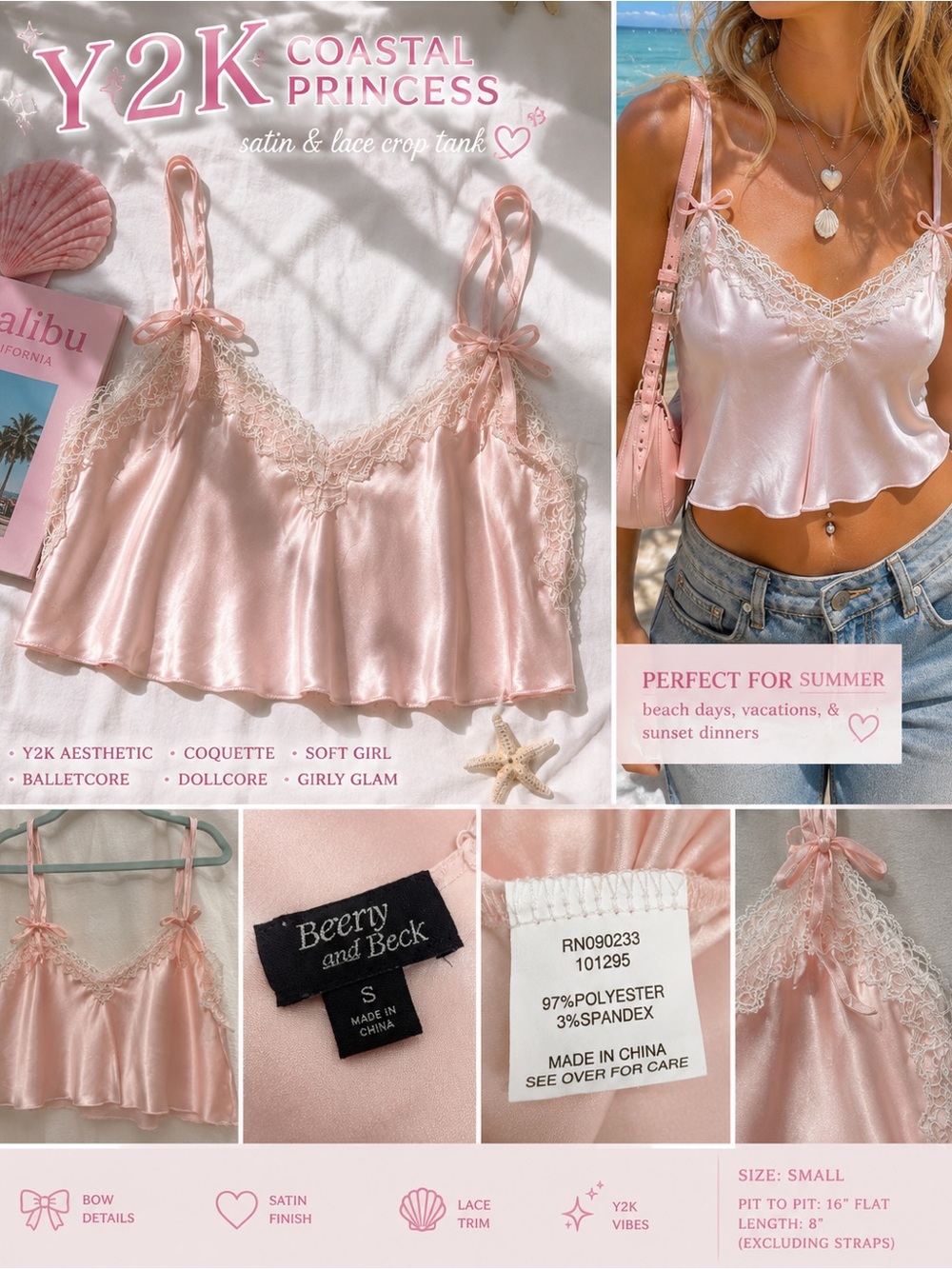 Y2K Beverly & Beck Pink Satin Lace Crop Top Coquette Balletcore Cami Princess S